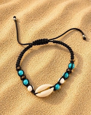 Caligirl Unisex Black Macrame Bracelet Cowrie Shell Turquoise Beads, adjustable