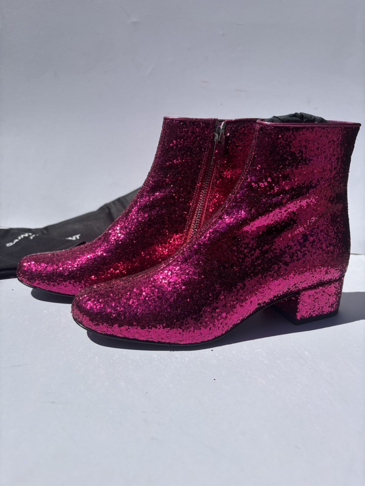 BNWB SAINT LAURENT PARIS Glitter Side Zip Short Boots Pink 34.5 T image 9