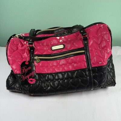 Betsey Johnson Quilted Heart Duffle Bag Pink Black Leather - Damaged, See Pics!