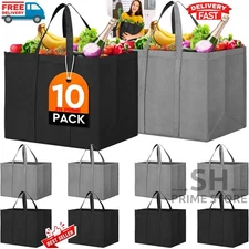 Reusable Grocery Shopping Bags 10 Pack Large Foldable Tote Bag Bulk Grey & Black
