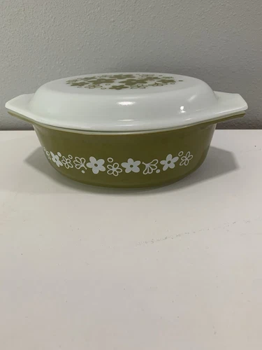 Vintage Pyrex Crazy Daisy Olive Green Spring Blossom 1 1/2 Qt Casserole Dish EUC