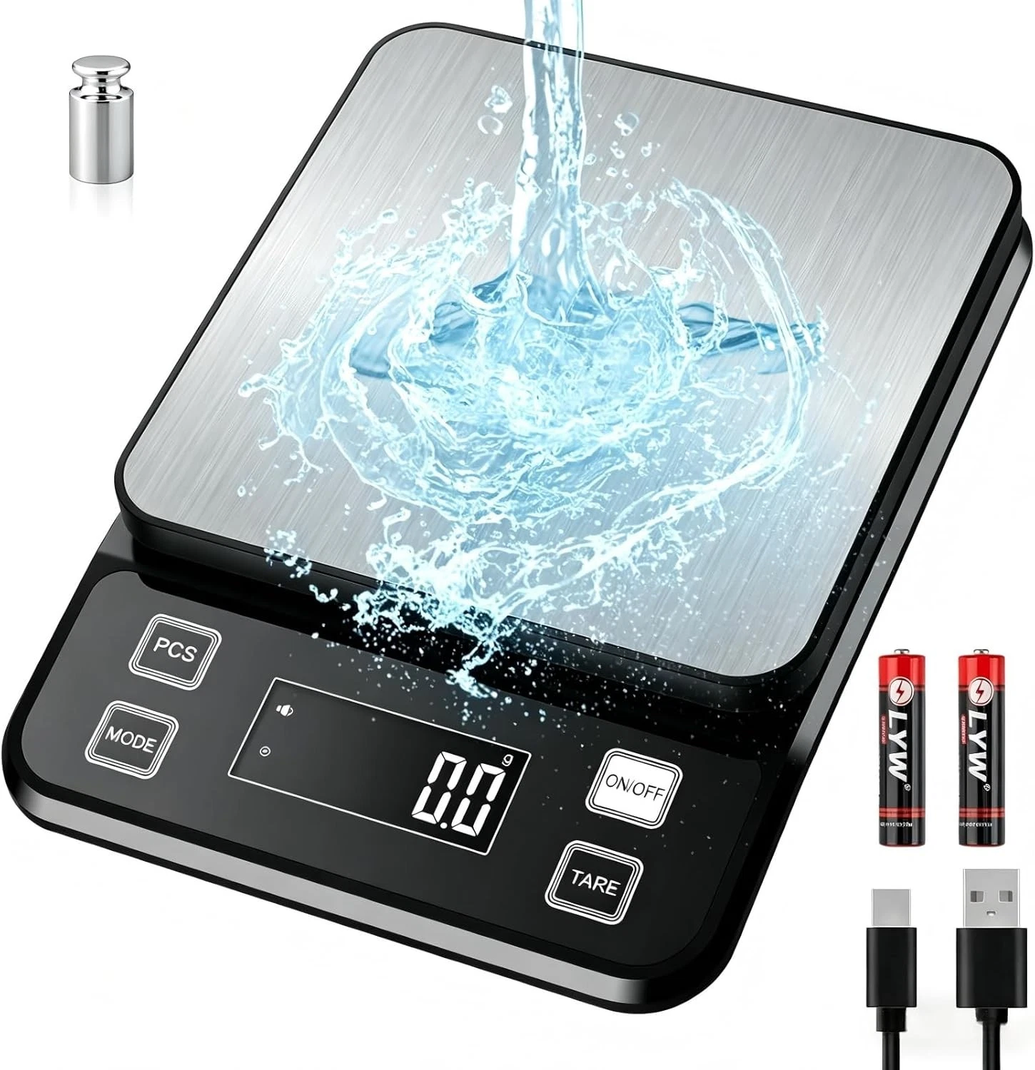 Digital Kitchen Scales 5kg/0.1g Precision Stainless Steel with LCD Display