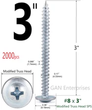 Modified Truss Head  Phillips #8 x 3" Self peircing K-Lath Tek Screws Mod (2000)
