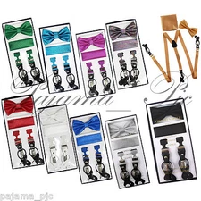 Glitter Metalic Men's Convertible Elastic Suspender Braces Bow tie & Hankie Set