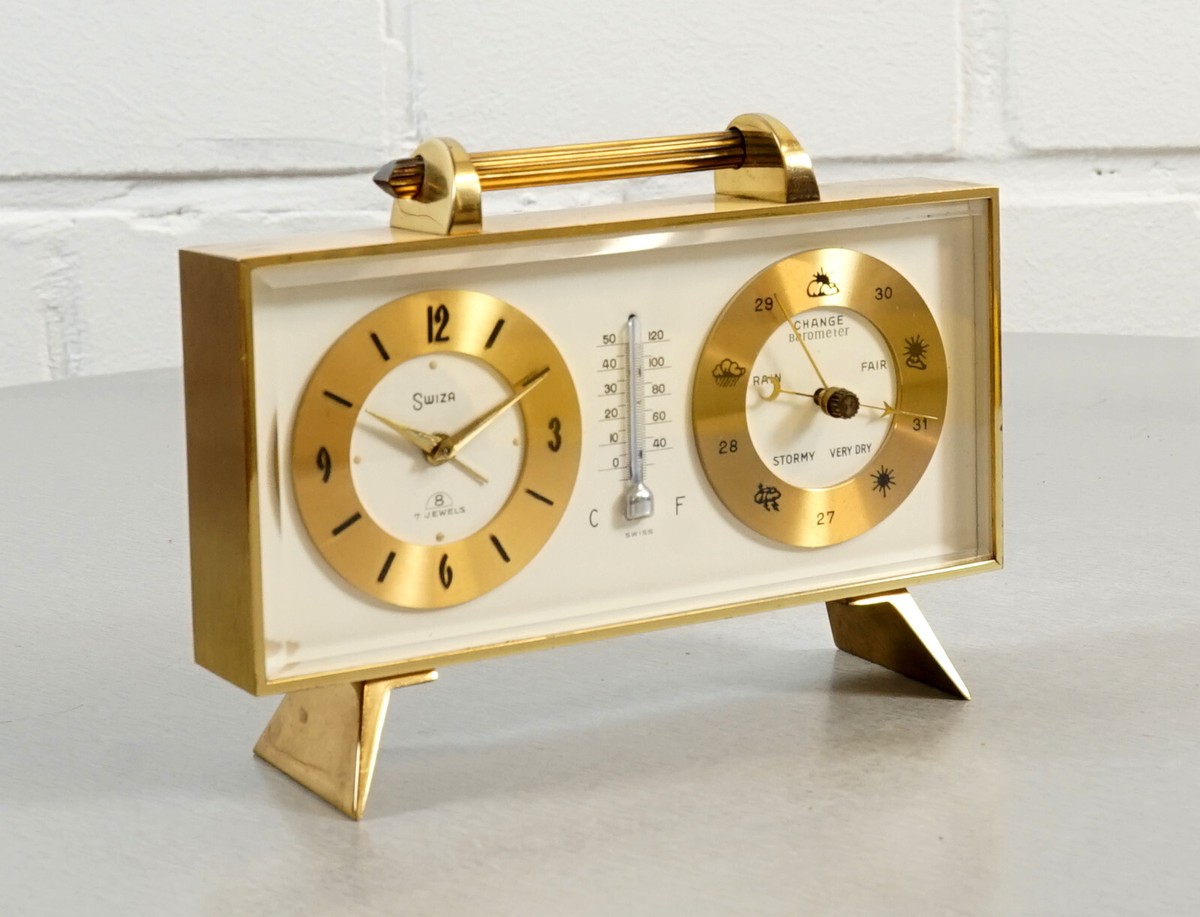 SWIZA 8 置き時計　手巻き式　アラーム付き　真鍮 スイス製　ヴィンテージ Swiza 8 Day Brass Clock Table Clock Weather Station 7 Jewels