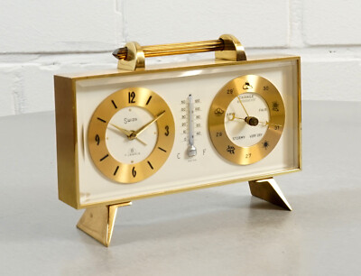 Swiza 8 Day Brass Clock Table Clock Weather Station 7 Jewels