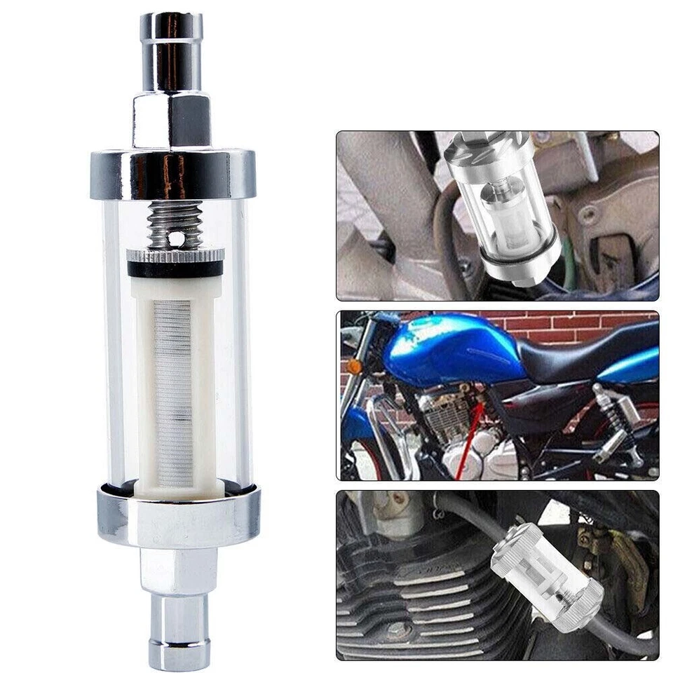 2PCS 9748 Universal Fuel Filter Clear View Inline 3/8" Chrome Hose Barb Petrol - Image 2 of 4