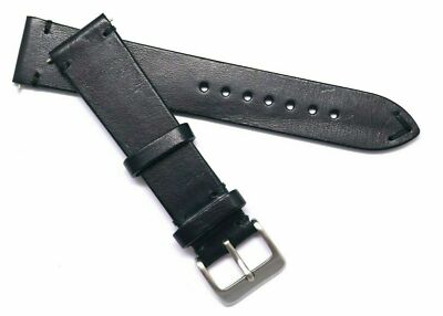 20mm Black Genuine Leather Classic Style Watch Band Handmade Silver Tone Buckle