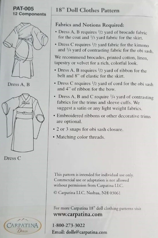 PATTERN 005 Hanfu Chinese Dress Kimono Japanese Carpatina 18" Dolls & Slim Dolls - Image 3 of 3