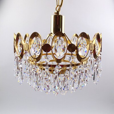 Palwa Chandelier Brass Gilt with Crystal Prisms D. 25cm Vintage 1960