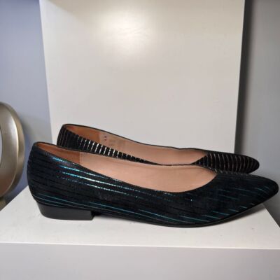 Bocage Metallic Striped Pointed Toe Flats Black & Blue Elegant Shoes-SZ 39/8.5