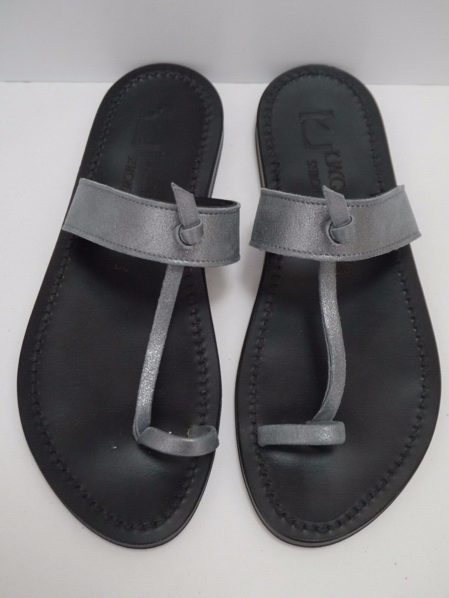 K. JACQUES Ganges pewter gray leather toe-ring flat sandals