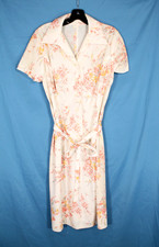 VINTAGE Poly Knit PINK ORANGE FLORAL 1/2 Button BELTED Sheath Dress 40"BUST 16.5