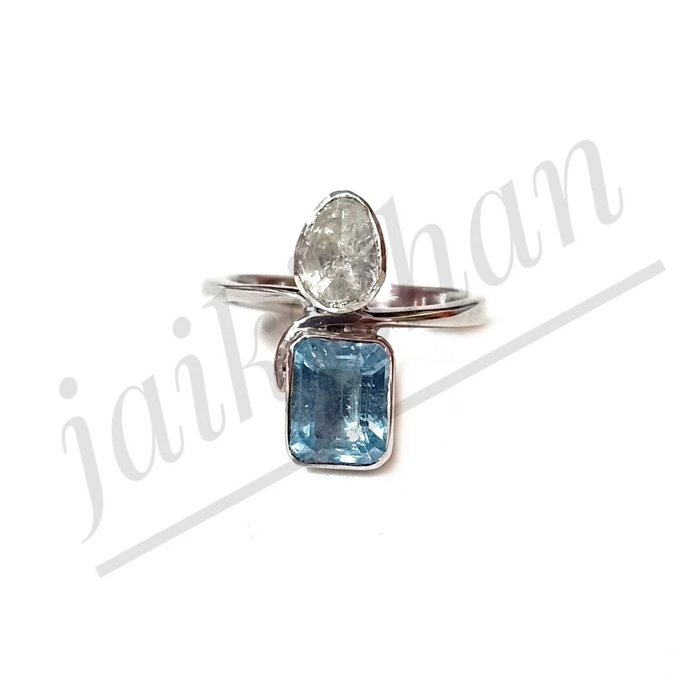 Aquamarin Edelstein 925 Sterlingsilber Polki Diamantring Geschenk Für Ehefrau - Bild 4 von 4