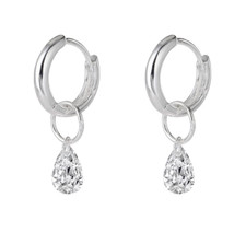 Women Girl Silver Dangle Teardrop CZ Round Small Huggie Hoop 10mm Earrings PE62