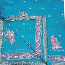 Blue Vintage Dupatta Georgette Embroidered Long Stole Wrap scarf Hijab