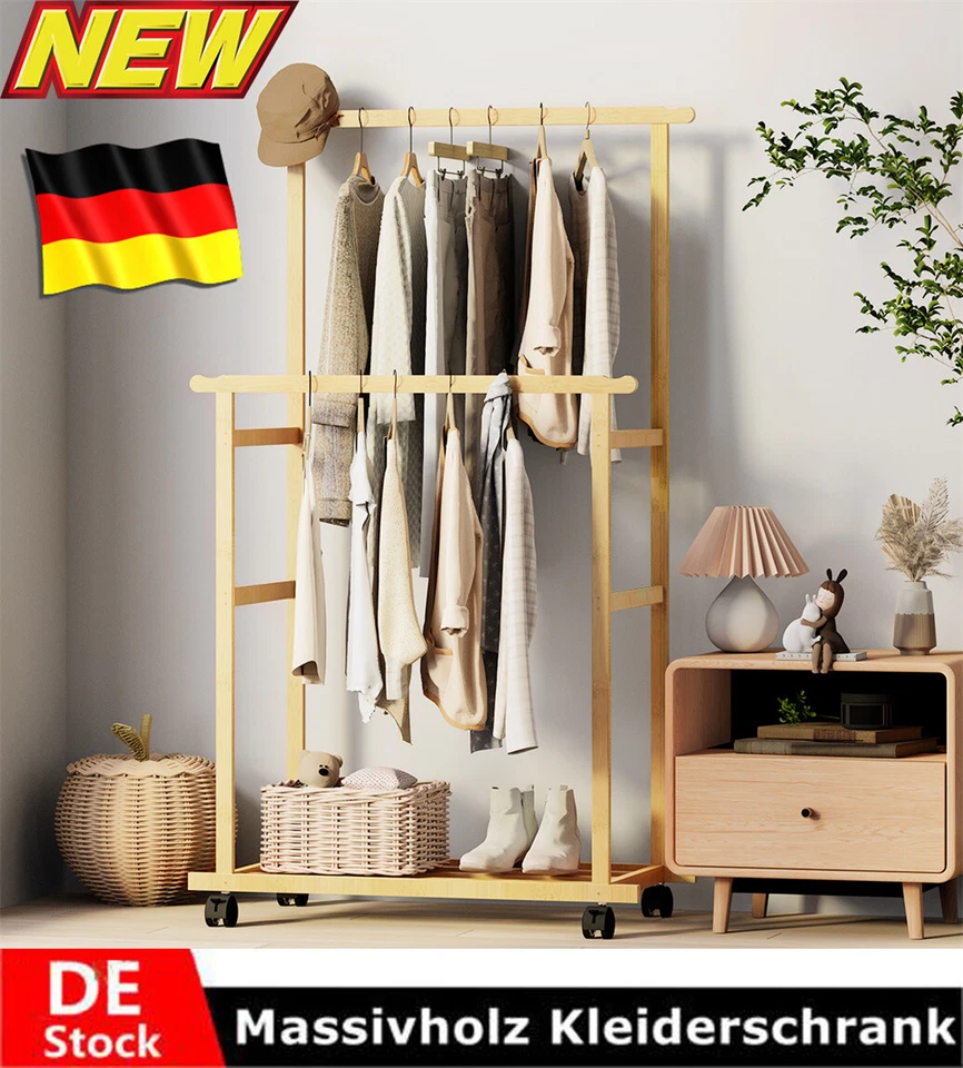 Garderobeschrank Rollgarderobe Kleiderwagen auf Rollen Massive Holz Schwerlast