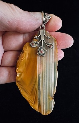 Big Agate Slice Pendant Large w 925 Silver Bail w Garnet Stones 19.93 Grams READ