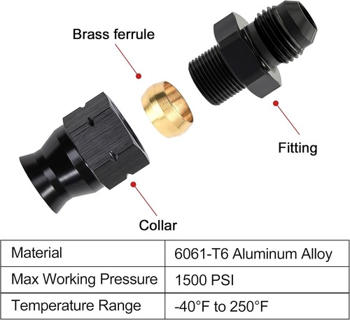 EVIL ENERGY 6AN Male to 1/4" Hardline Compression Fitting 1/4, 1PC - Foto 4 di 5