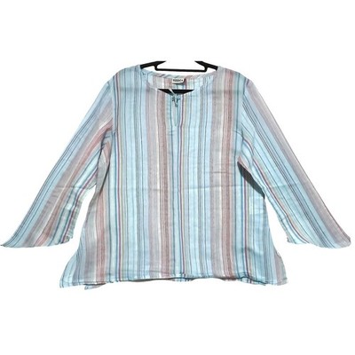 Boho Yessica Blouse Women Medium Blue Striped Long Sleeve Keyhole Neck Tunic