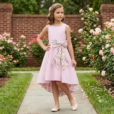 Rare Editions Party Dress Girls 12 Striped Seersucker Floral Bow Hi-Low Hem NWT
