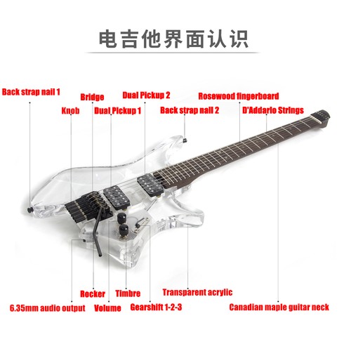 Quality Headless Electric Guitar Maple Acrylic Body Transparent Crystal Guitar A - Picture 11 of 12