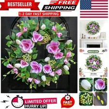24 Inch Spring Wreath for Front Door, Artificial Green  White Floral Wreath