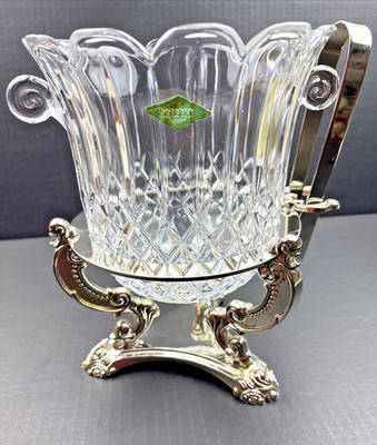 Shannon 24% Lead Crystal Ice Bucket Godinger Silverplate Holder & Tongs Ireland