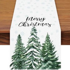 72 x 13 Inch Merry Christmas Table Runner - Snowflakes and Pine Trees Pattern...