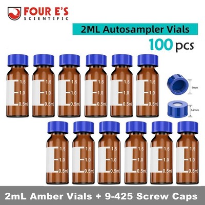 100PCS 2ml Glass vials Autosampler Vials Amber Lab vials w/ Cap Sample Vials US