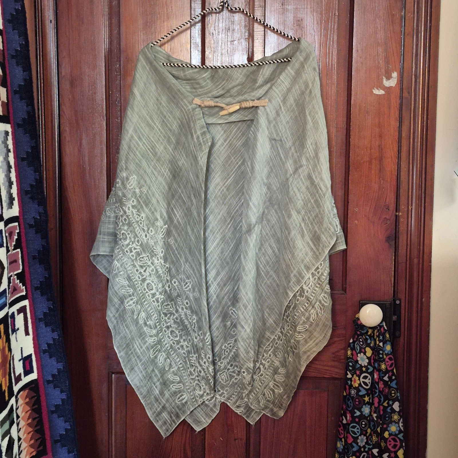 Sage Green Boho Gauze Cape Top Embroidered Lagenlook One Size Festival