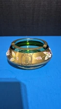 Vintage Guilded Gold Trim Aahtray Emerald Green Czech Bohemian Art Glass MCM