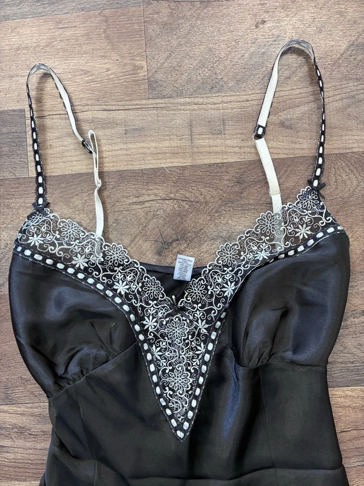 Vestido Lencería Vintage Negro Satinado Sin Mangas Encaje Lazo Coqueta Grunge Y2K Años 90 00 XL Foto 2 de 4