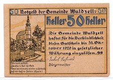1920 Austria Waldzell Notgeld 50 Heller Note (3819)