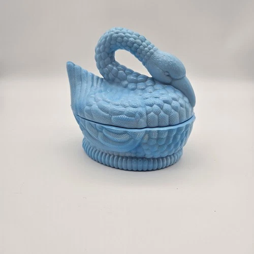 Vintage Blue Slag Milk Glass Swan On Nest Candy Dish 5.25"x5.5"x4"
