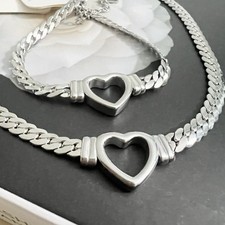 SILVER Plated Chunky Chain Heart Necklace Set Bracelet Stainless Steel Womens