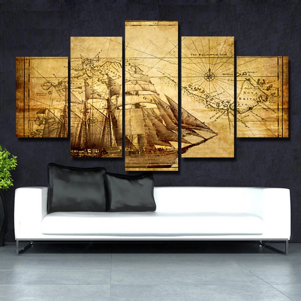 Nautical Chart Sea Sailboats Map Canvas Prints Painting Wall Art Home Decor 5PCS - Image 2 of 3