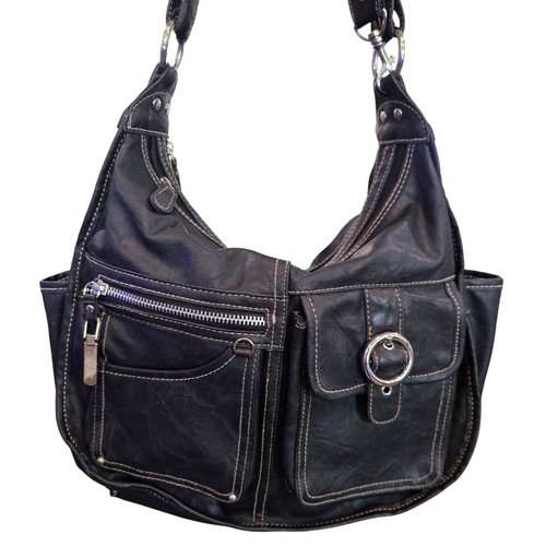 Rosetti Black Riveting Seams Faux Leather Shoulder Bag With Pockets & Strap - Picture 2 of 9