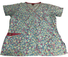 Dickies Women  s Small Floral Print Scrub Top Mock Wrap Tie Back Nursing Uniform