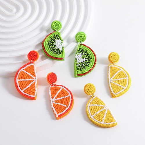 Sweet Summer Fruit Drop Dangle Earrings Handmade Seed Beads Lemon Kiwi Ear Studs - Picture 2 of 26
