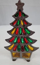 Vintage Stained Glass Cast Iron Tea Light Candle Holder Christmas Tree Taiwan