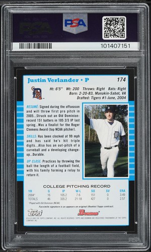 Justin Verlander 2005 Bowman First Year Rookie #174 PSA 9 MINT 🔥Future ⚾️ HOF🔥 - Bild 2 von 2