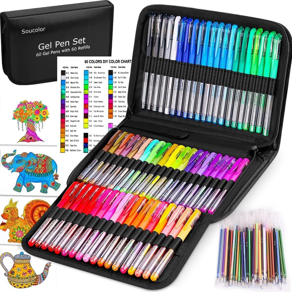 120-Piece Deluxe Gel Pen Set for Adult Coloring Books - 60 Vibrant Colors + 60 Refills-image