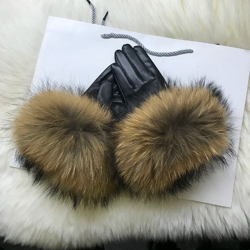 Real Fur Gloves Women's Pu Leather Gloves Fur Big Fur Sheepskin  Gloves Velvet - Picture 1 of 33