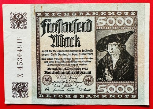 5000 Mark 02.12.1922 Deutsches Reich Reichsbanknote X 453049LE K190124/0E