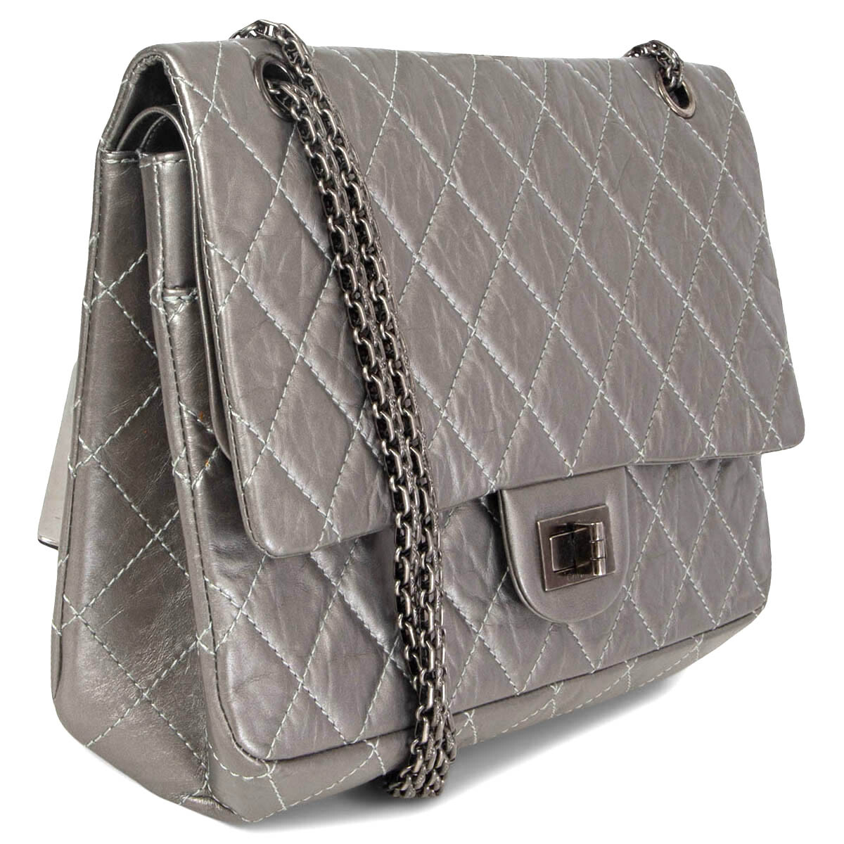 Chanel Silver 2.55 Reissue Quilted Calfskin 227 Flap Bag 100% Auth