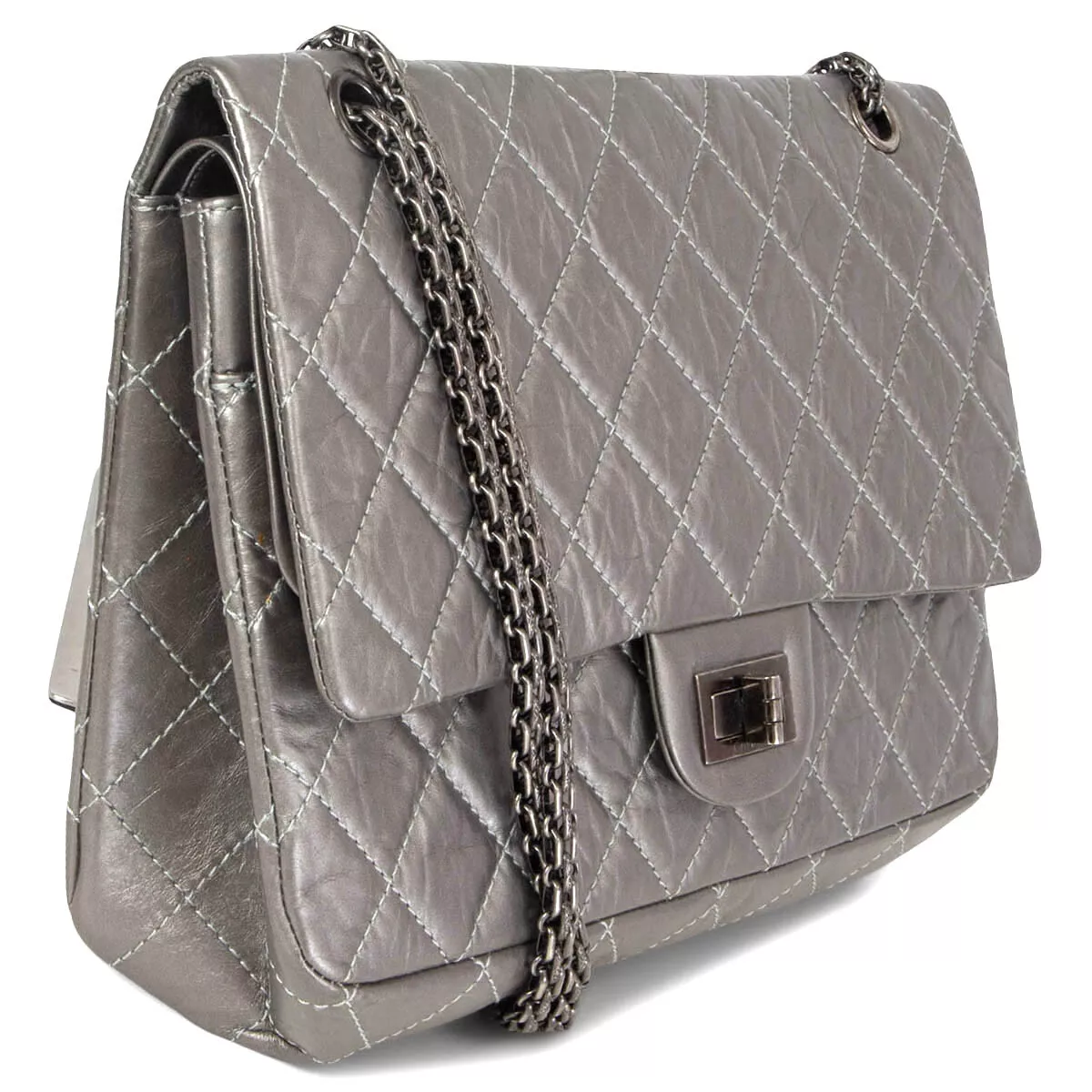 65956 auth CHANEL dark silver aged calfskin 2.55 REISSUE 227 MAXI Shoulder  Bag