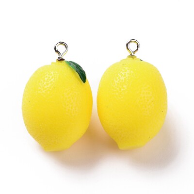 100Pcs Yellow 3D Opaque Resin Fruit Lemon Charms Pendants with Loop 31x19.5mm
