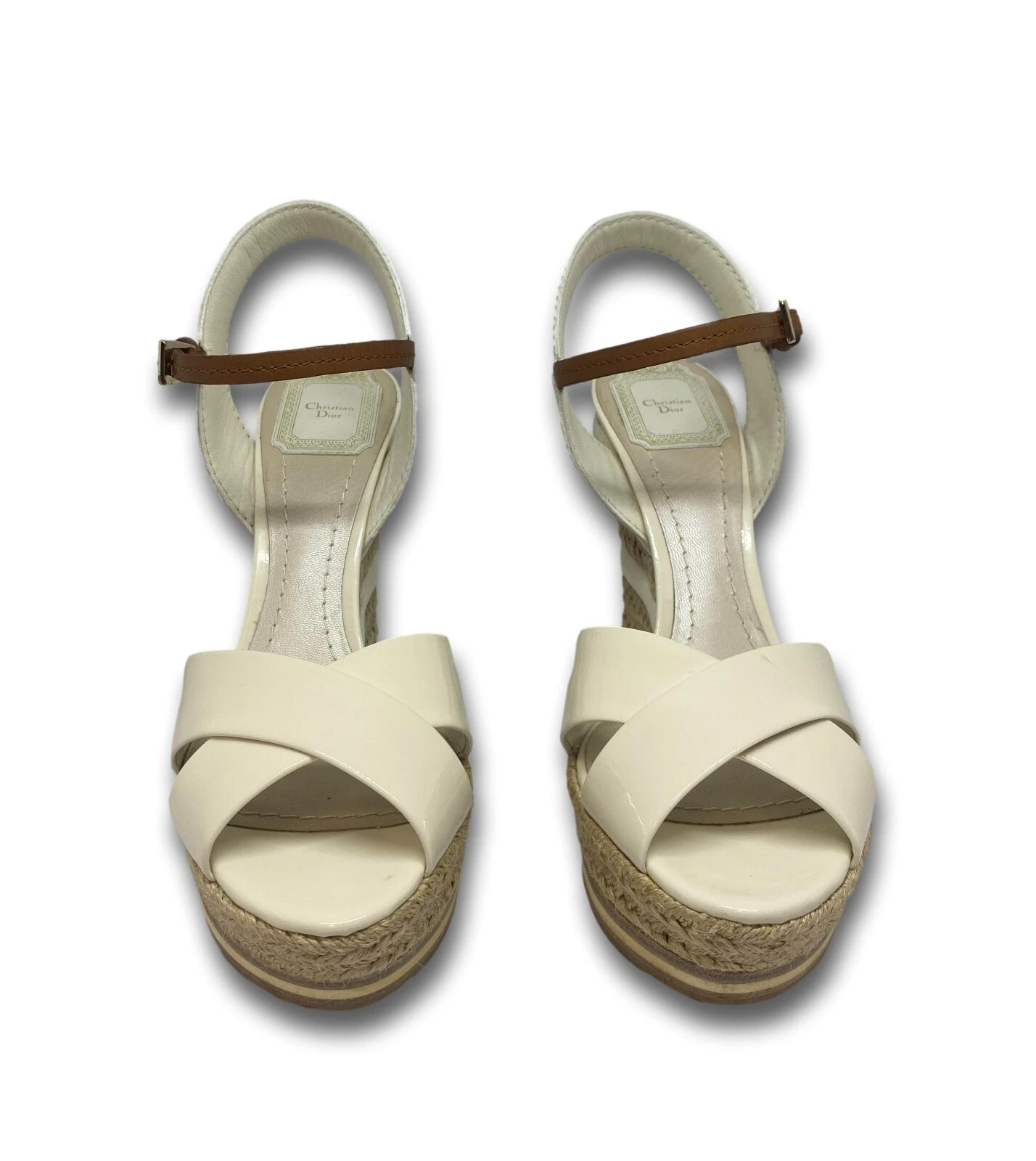 Sandale authentique cuir verni blanc cassé Dior WEDGE RIVIERA taille 39 1/2