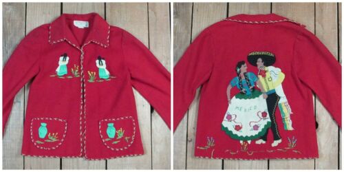 Vintage 1950s La Mexicana Red Wool Mexico Souvenir Jacket Great